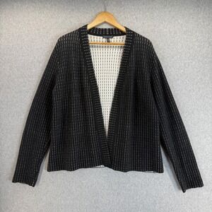 Eileen Fisher Silk Cotton Knit Cardigan Sweater‎ Open Front Black White Sz Large